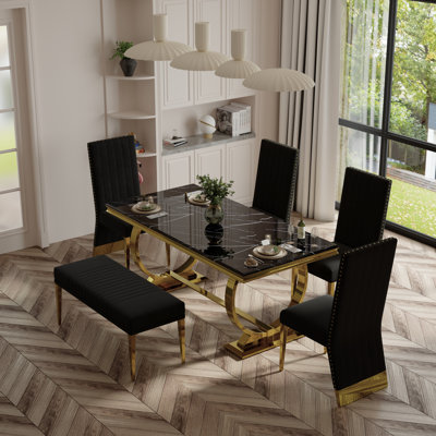 6 Piece Luxury Black And Gold Dining Table Set With Bench And 4 Black Velvet Dining Chairs