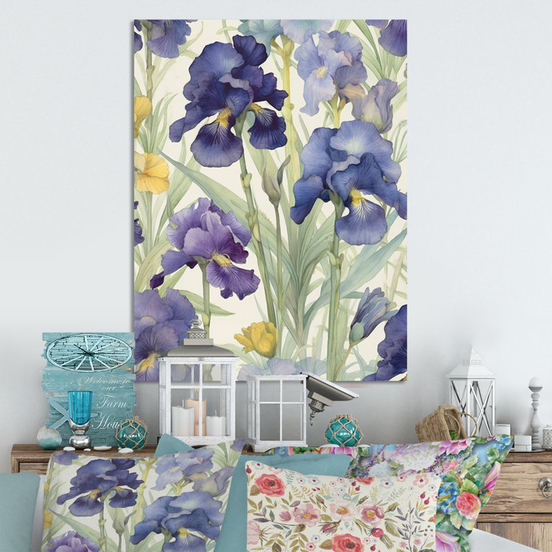 Impression mauve et verte d'Iris I - art mural floral en métal, H 20 po x l 12 po x P 1 po