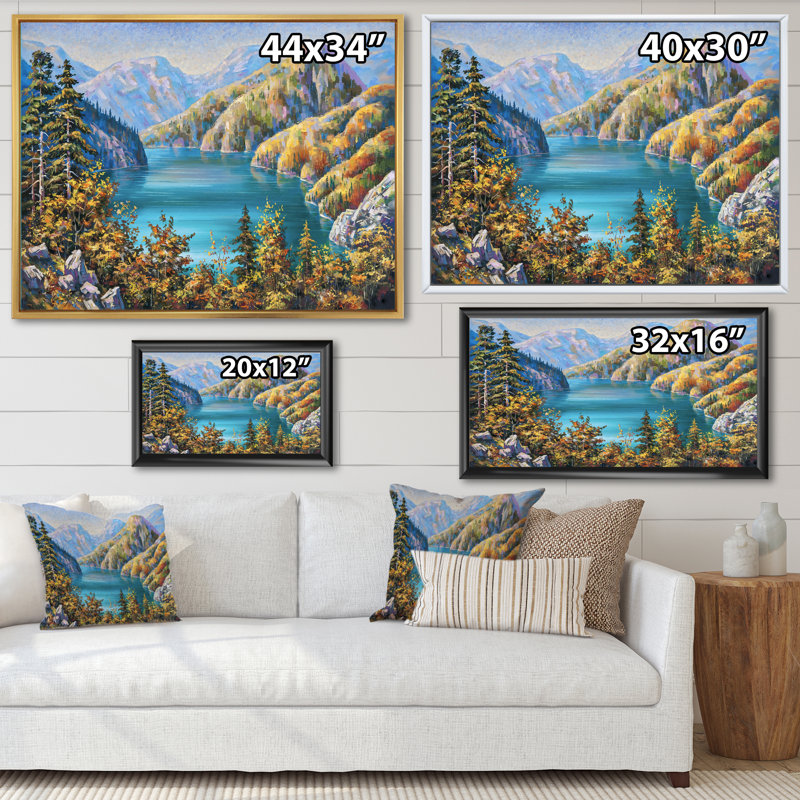 Pittoresque lac Ritsa en fin d'automne - Peinture sur toile, H 16 po x l 32 po, Toile à cadre flottant noir