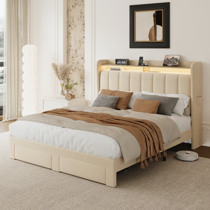 Upholstered Platform Bed Frame With Wingback Design Headboard,Charging Station,LED Lights And 2 Storage Drawers, Queen, Beige