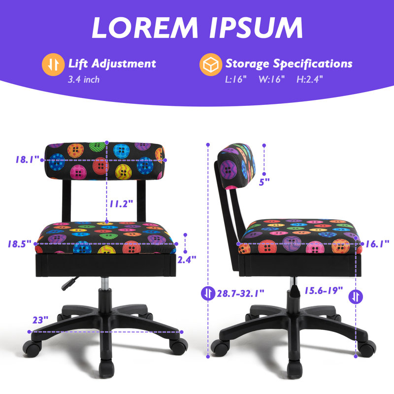 Chaises à coudre à hauteur réglable, chaise de bricolage avec roulettes, support pour le dos et rangement sous le siège - parfaites pour vos meubles de salle de bricolage et vos machines à coudre (bouton imprimé sur fond noir)
