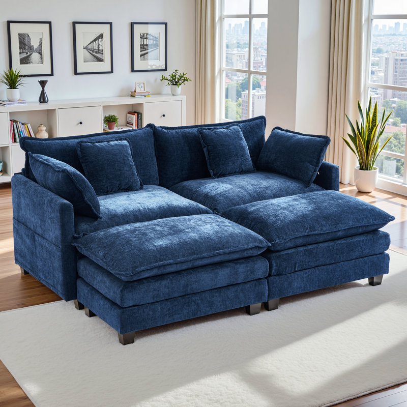 Chenille Modular Sleeper Sofa | Cloud Style Convertible Sectional Couch, Soft Fabric, Modern Living Room Furniture, Dark Blue