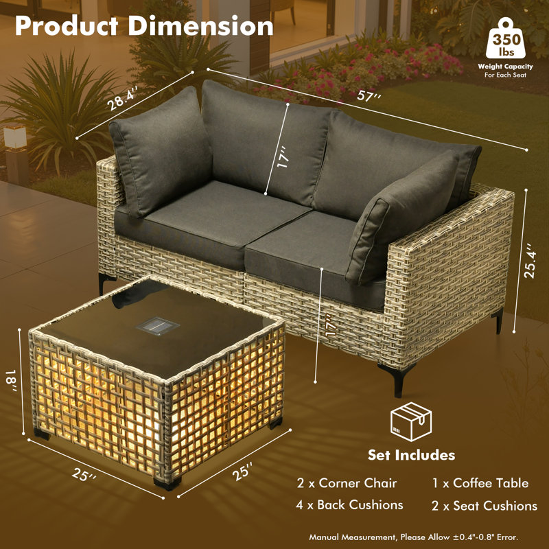 2-Person  Outdoor Sectional Loveseat Sofa With Cushions And Led Coffee Table ,All-Weather Wicker Patio Set, Black