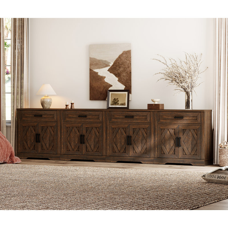 126"W Large Office Storage Cabinet, 4-In-1 Farmhouse Wood Storage File Cabinet With Storage Barn Door Unit, Office Console Table With File Drawers And Shelves For Office, Bedroom,Dark Brown