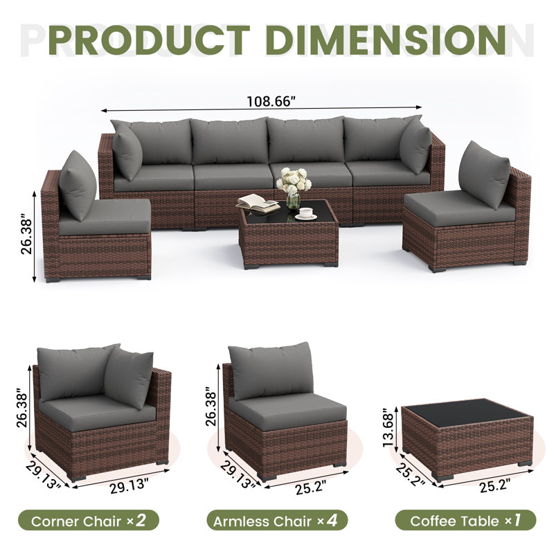 7-Piece Outdoor Wicker Patio Conversation Furniture Set With Cushions, Gray