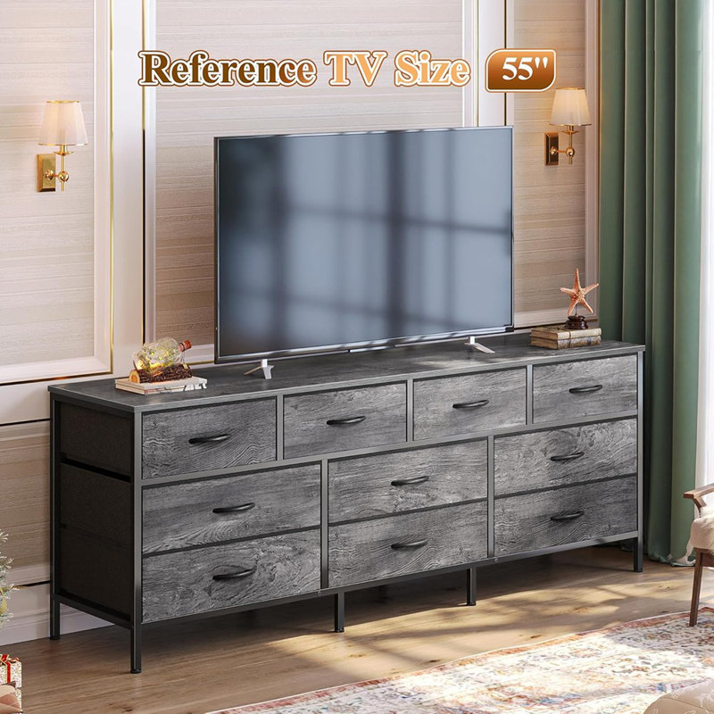 Commode 63 po pour chambre à coucher, commode longue avec 10 tiroirs en tissu, meuble télé pour téléviseur 55, 65, 70 po, rangement pour jouets pour garde-robe, gris