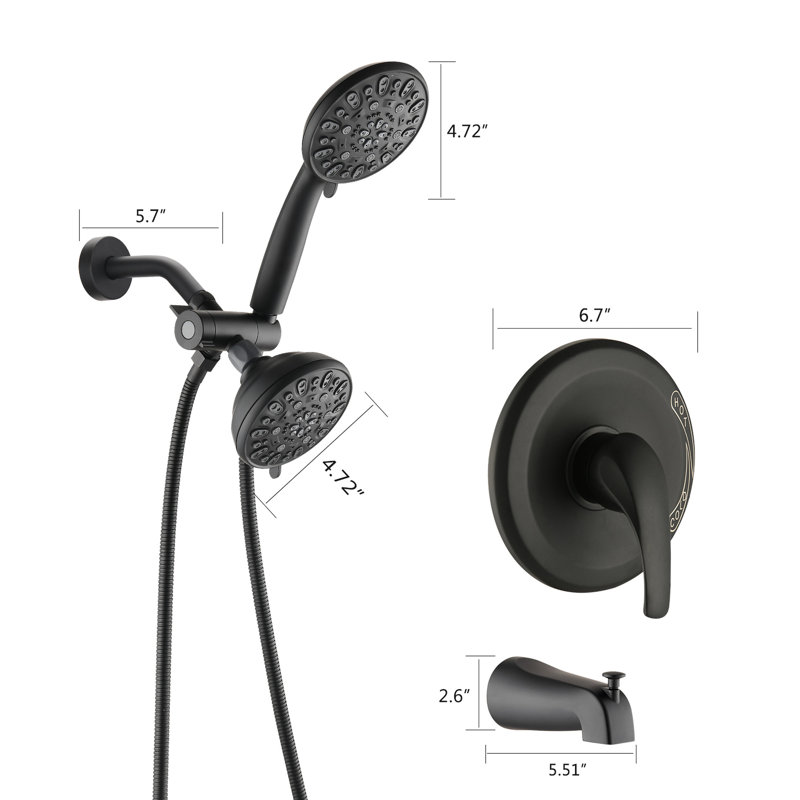 Shower System With Tub Spout - Matte Black. High Dual Faucet. 7 Spray Modes For Rejuvenation. All Metal. 1.8 Gpm. 59" Hose Length. 1/2" Connection. Wall Mounted Black System. Patterns Relaxing Bath.
