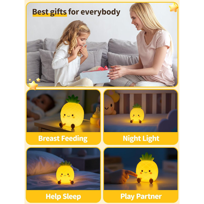 Veilleuse ananas pour enfants, lampe de chevet mignonne en silicone avec lumière douce à intensité variable à 3 niveaux, veilleuse de chambre de bébé pour tout-petit, cadeau de décoration pour chambre d'enfant