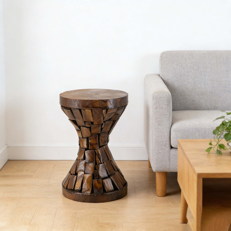 11.8" Brown Paulownia Wood Hourglass Accent Table, Textured Mosaic Design Side Table For Living Room