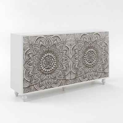 Buffet bohème mandala en relief 3D, dosseret à 4 portes avec charnières à fermeture douce par simple pression, étagères de rangement intérieures réglables et pieds en bois tourné