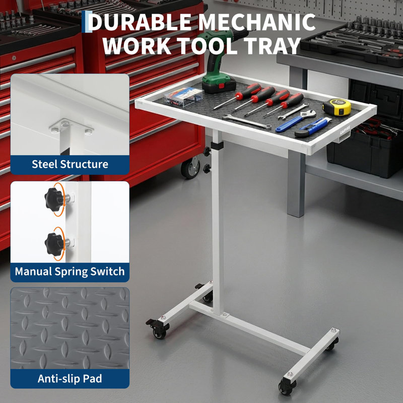 Table de travail à roulettes réglable avec roulettes - Établi mobile robuste de 100 kg (220 lb), plateau à outils roulant de 43 x 68 cm (17 x 26,7 po) pour garage, mécanique, démontage et projets de bricolage