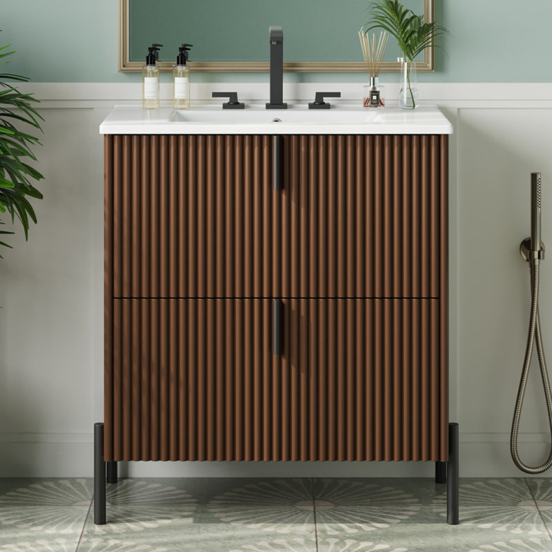 Meuble-lavabo autoportant avec lavabo en céramique intégré et conception cannelée, avec tiroirs à fermeture en douceur à extension complète