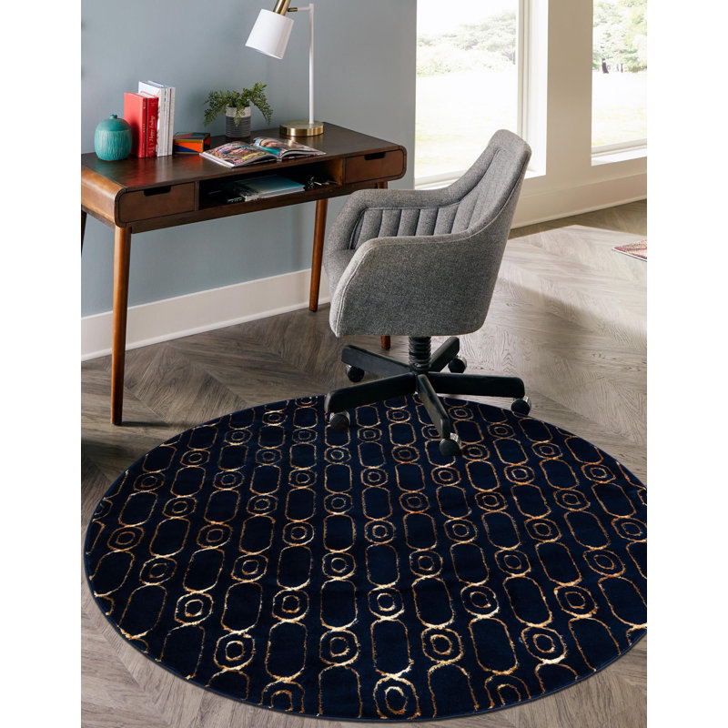 Tapis contemporain bleu marine et doré Vincente, Rond 3 pi 1 po