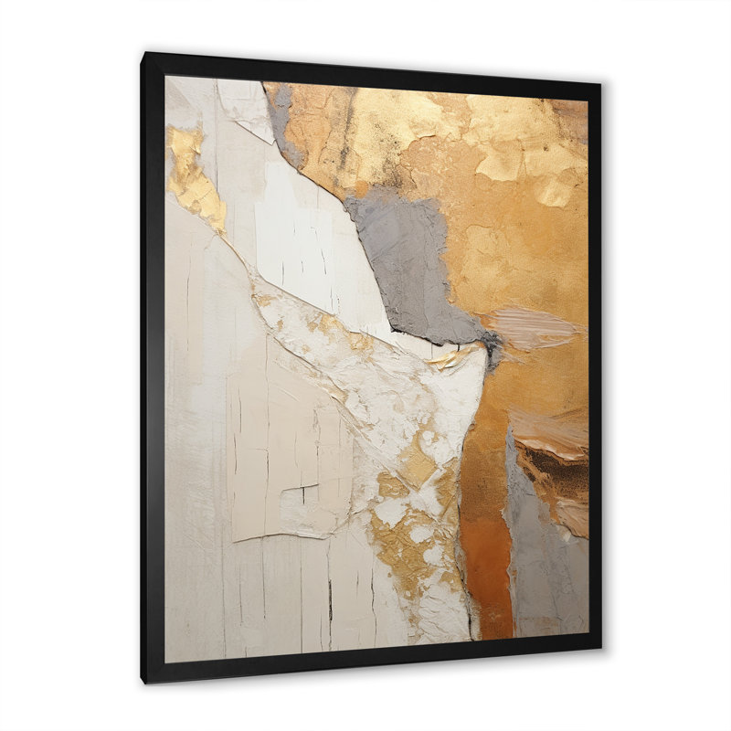 Abstrait abstrait «Beige Gold Road Collage» sur toile, Cadre simple noir, H 40 po x l 30 po x P 1,5 po