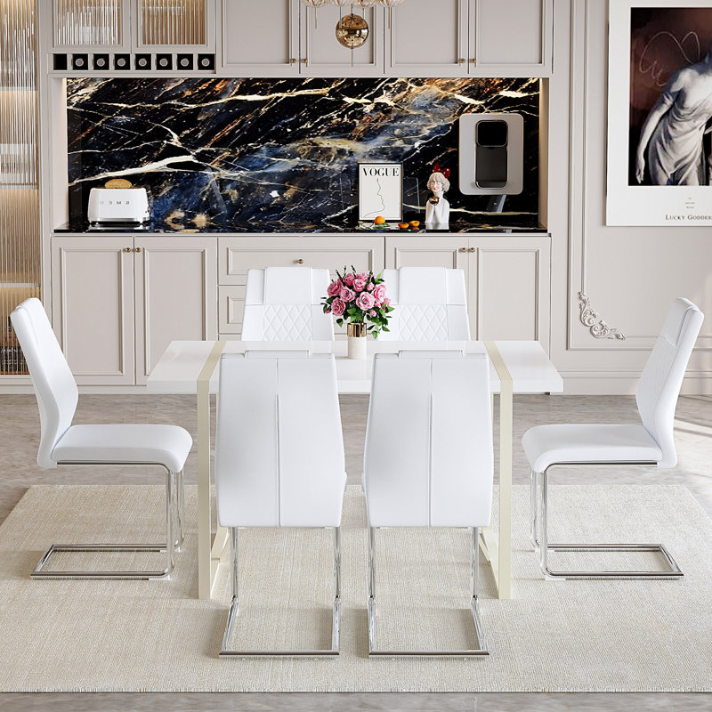 Ensemble de table de salle à manger en MDF, Blanc, 7