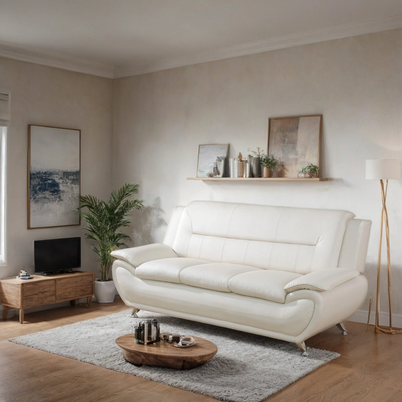 79'' Faux Leather Minimalist Sofa, White, 36" H x 79" W x 35.5" D