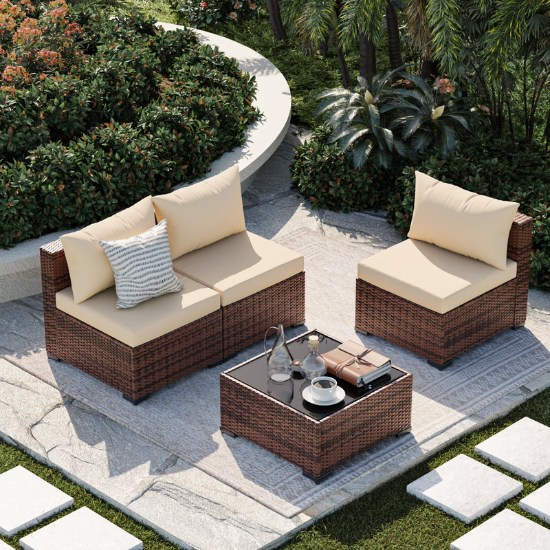 3-Person Armless Outdoor Seating Group With Coffee Table, Beige