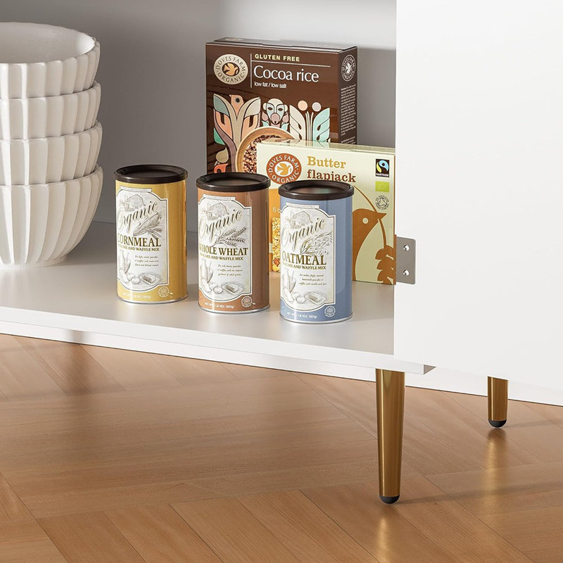 Buffet Buffet, ensemble de 2 armoires blanches - modernes avec 4 portes, tablette réglable, poignées et pieds dorés et bar à café pour la cuisine ou le salon