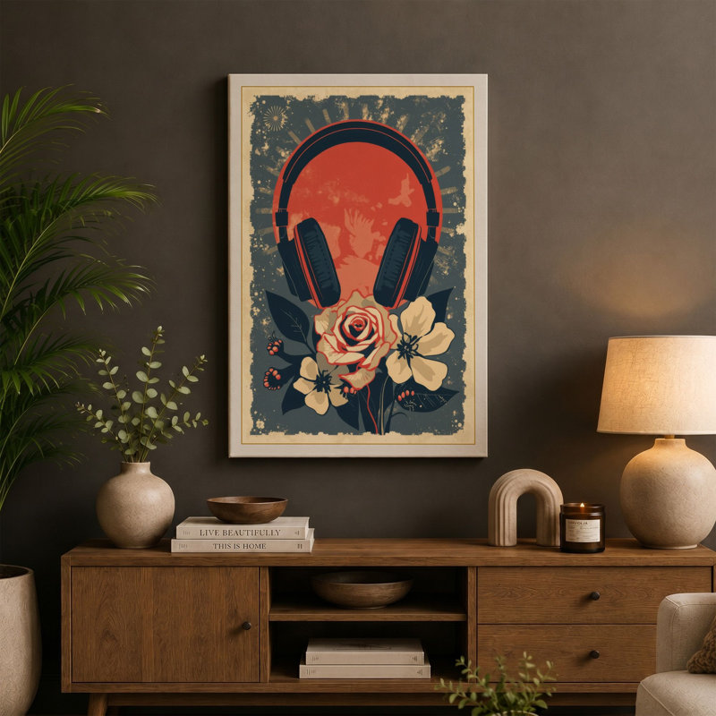 Headphones and Blooms Retro 1 Piece Wrapped Canvas Wall Art, 30x20 - 76.2 x 50.8 cm, Cream Border
