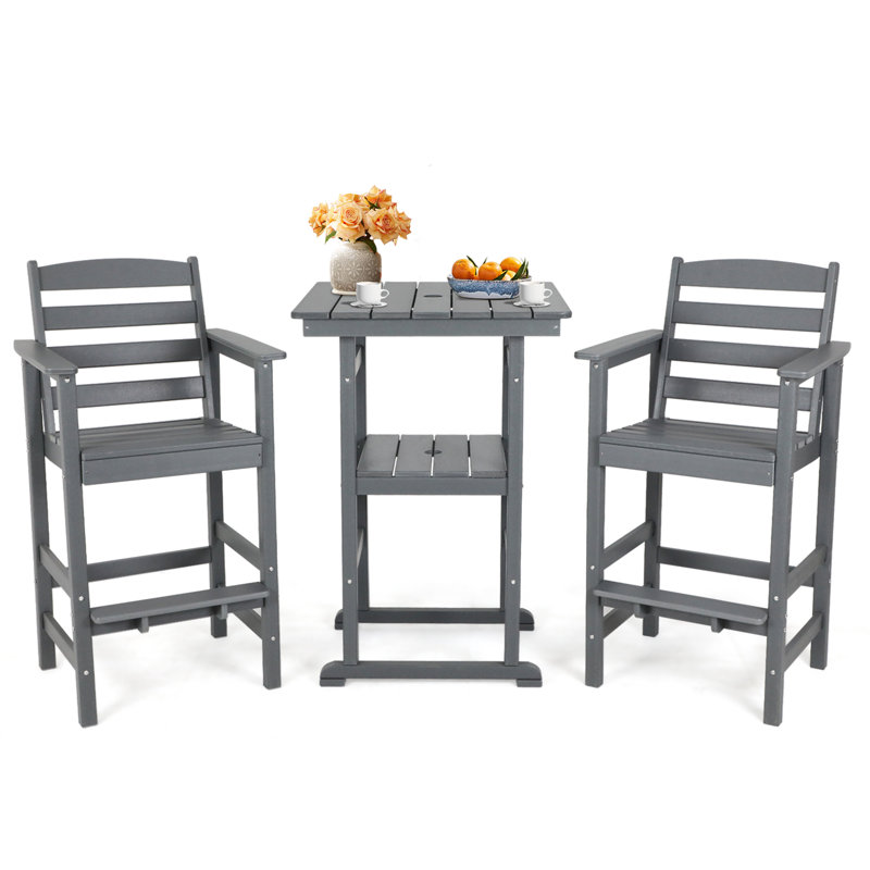3 Piece Outdoor Adirondack Bar Chairs And Table, Gray