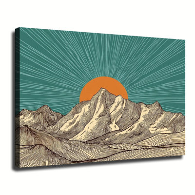 «Boho Line Art Mountain with Glowing Orange Sun», grande reproduction d'art sur toile tendue pour salon, chambre à coucher