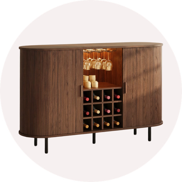 Mid-century modern oval bar cabinet in a rich walnut finish with tambour doors, featuring an open central compartment with hanging stemware storage and a twelve-bottle wine rack.