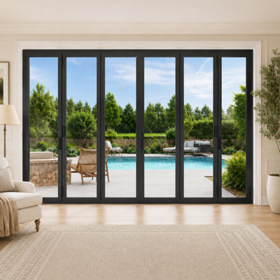 192"W x 96"H Center Outswing Black Double Tempered Glass Aluminum Folding Patio Door 3+3