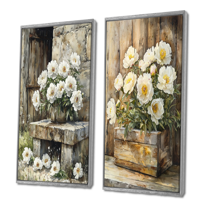 Pivoines par l'abreuvoir III - Art mural floral 2 pièces, H 40 po x l 41 po, Argent, Impression encadrée flottante