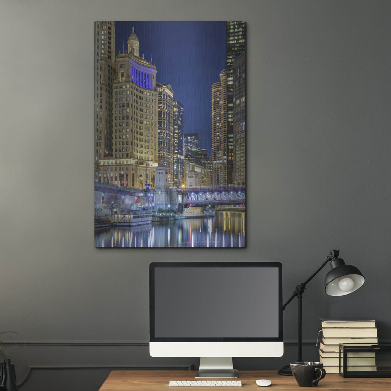 «Chicago River At Night» par AKG, H 36 po x l 24 po