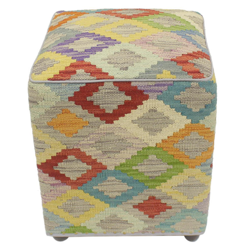 Aprea Upholstered Ottoman, Red/Light Blue/Rust/Beige Wool
