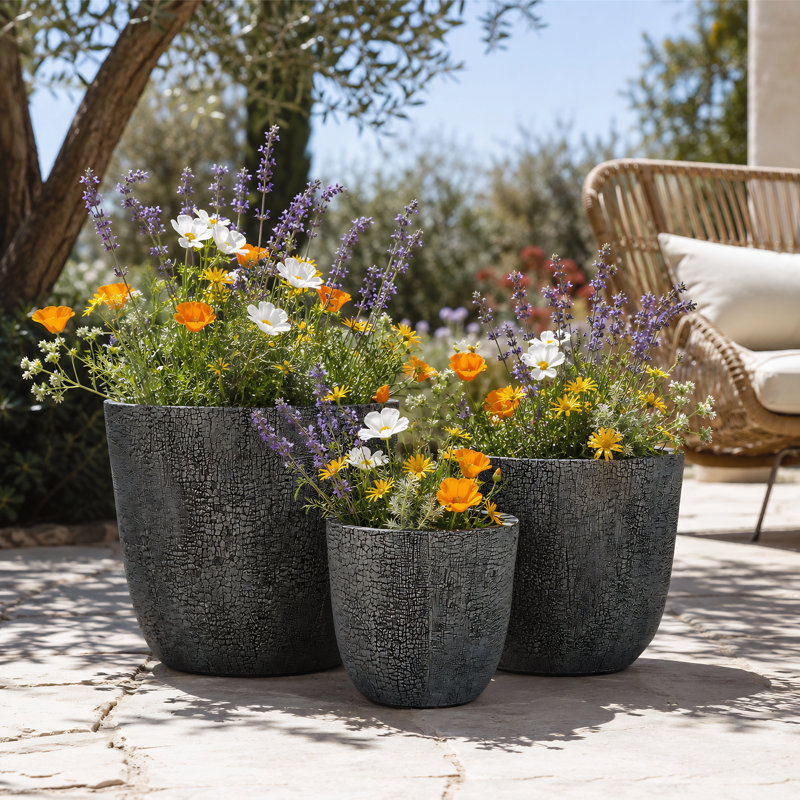 3-Piece Crackle Stone Texture MGO Planter Set with Drainage Holes for Patio Garden Balcony Indoor Outdoor, Gray