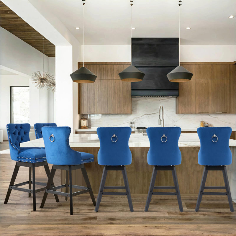 Swivel Counter Bar Stool Set with Wood Frame,Blue, Blue