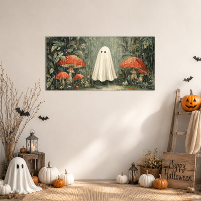 Art d'Halloween sur toile, art mural rétro avec scène de forêt champignon, décor de fantôme mignon prêt à être accroché, décoration effrayante pour le salon, la salle de bain, la toile tendue avec cadre en pin, 32 po x 16 po