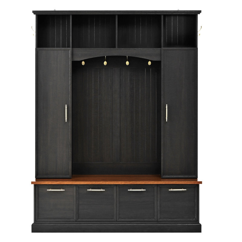 4-IN-1 Elegant 59" Wide Hall Tree With Golden Hooks & Handles, Black