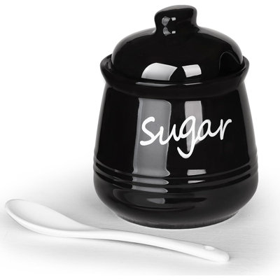 12 Oz Black Ceramic Sugar Bowl with Lid and Spoon Countertop Sugar Dispenser Storage Jar