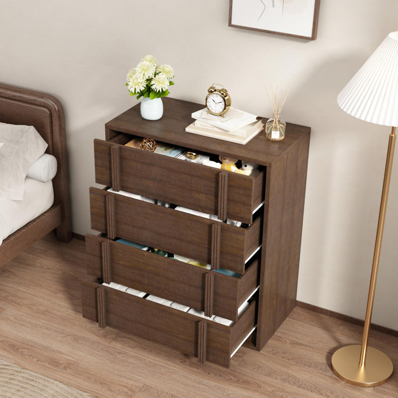 Table de chevet avec 4 tiroirs pour la chambre à coucher, table de chevet moderne avec poignée verticale, table d'appoint en bois pour le vestibule du salon, brun-rouge