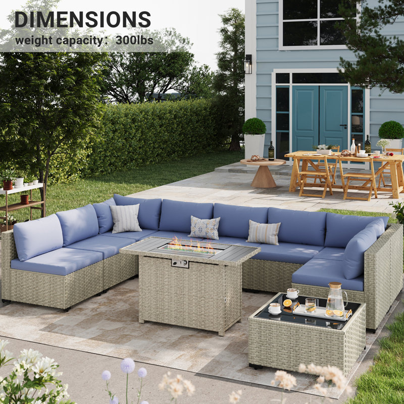 9 Pieces Design-Oriented Rattan Patio Conversation Sets With Fire Pit, Haze Blue