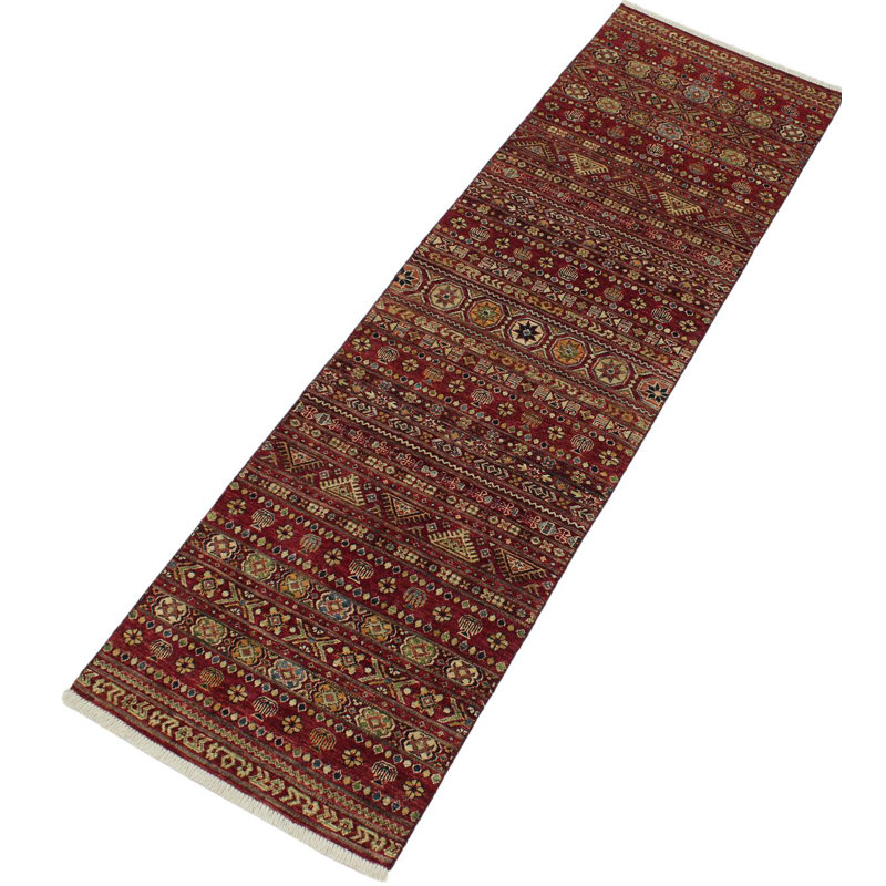 Tapis de couloir beige / rouge / vert en laine noué à la main 2 pi 8 po x 9 pi 4 po Cartley Southwestern