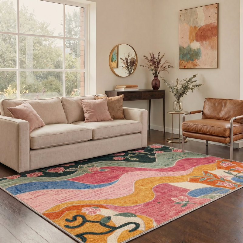 Verdant Floral Machine Washable Green / Pink / Blue / Yellow / Orange Indoor Area Rug with Non-Slip Backing, Round 5'
