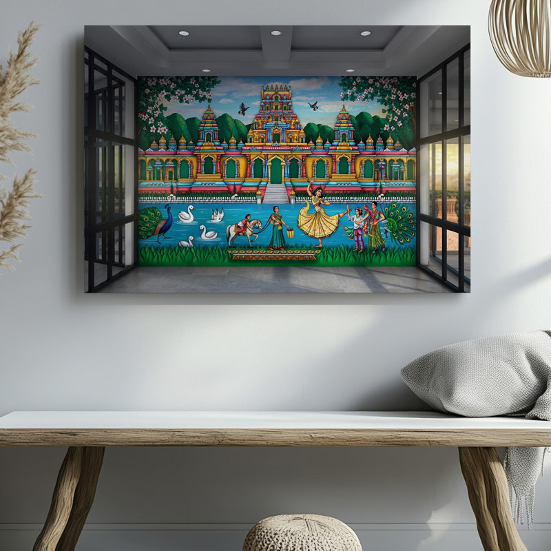 Toile murale vibrante représentant un temple indien traditionnel contre un art mural, H 20 po x l 20 po
