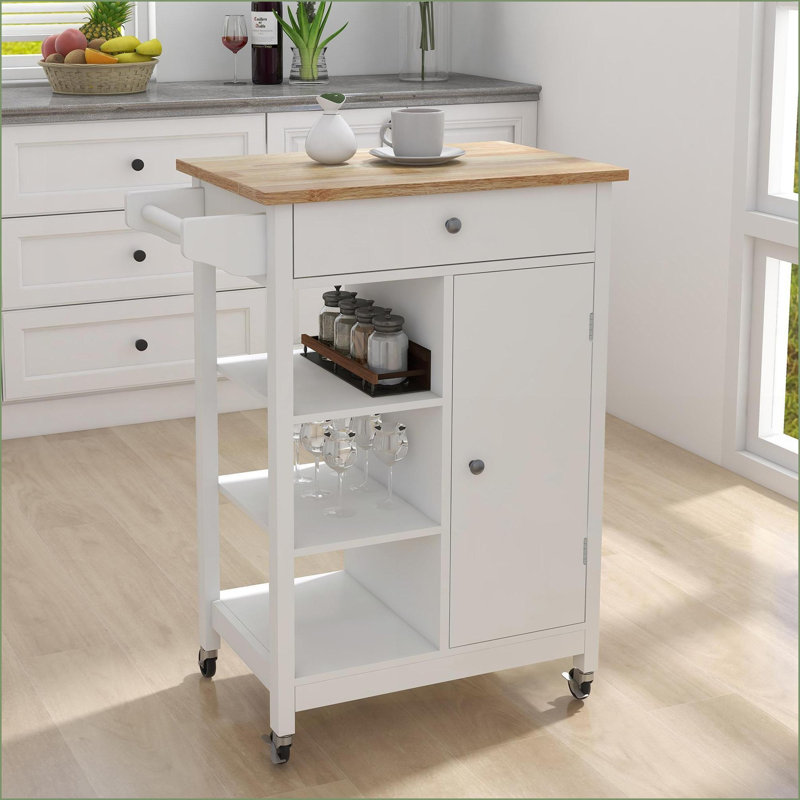 Chariot roulant pour îlot de cuisine avec tablettes réglables, porte-serviettes et amp; Plateau en bois d'hévéa | Panneau de fibres à densité moyenne, blanc neige