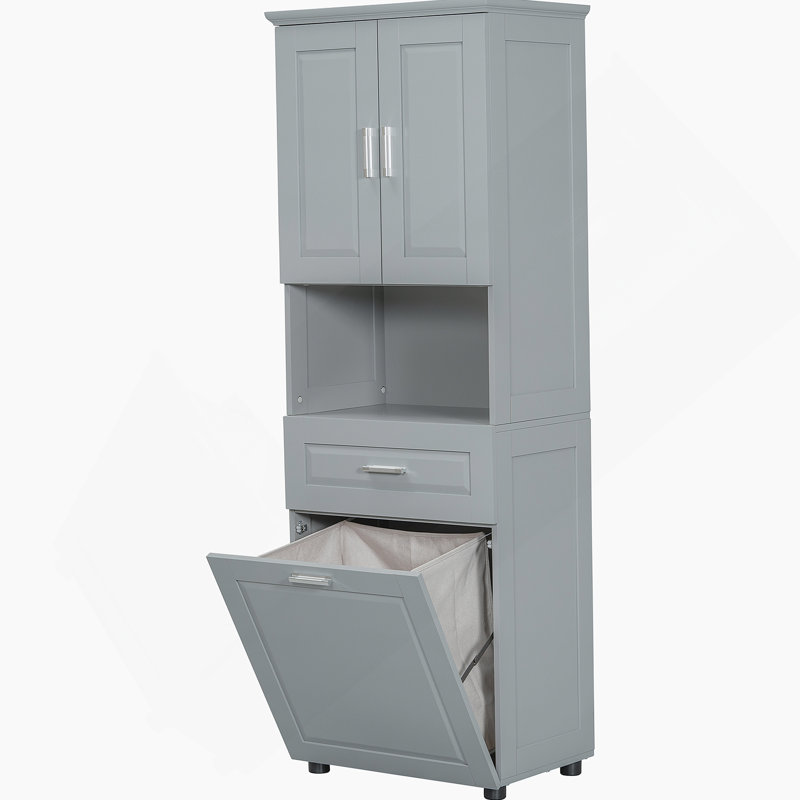 Tall Bathroom Cabinet With Laundry Basket, Large Storage Space, Gray