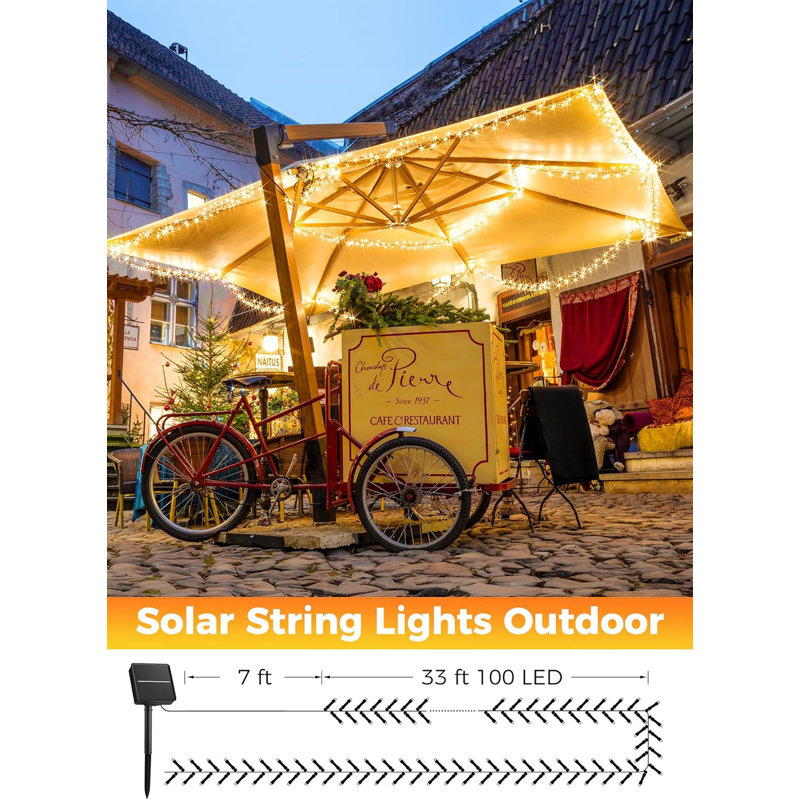 Guirlandes solaires imperméables pour l'extérieur - Guirlandes solaires à DEL de 40 pi et 100 lumières avec 8 modes d'éclairage 