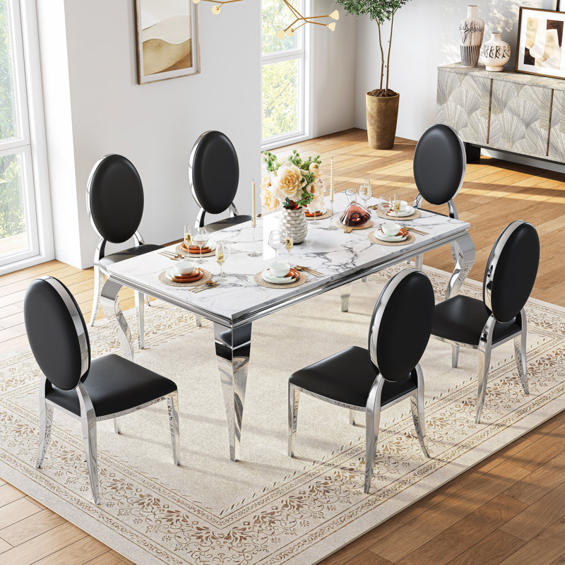 Faux Marble Top Metal Base Dining Table Set, 7 Pieces: Table, 6 Chairs, Black/Silver, Silver