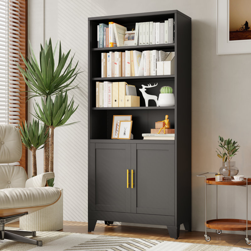 Modern Metal Tall Display Cabinet with 4 Adjustable Storage Shelves and 2 Doors, Black
