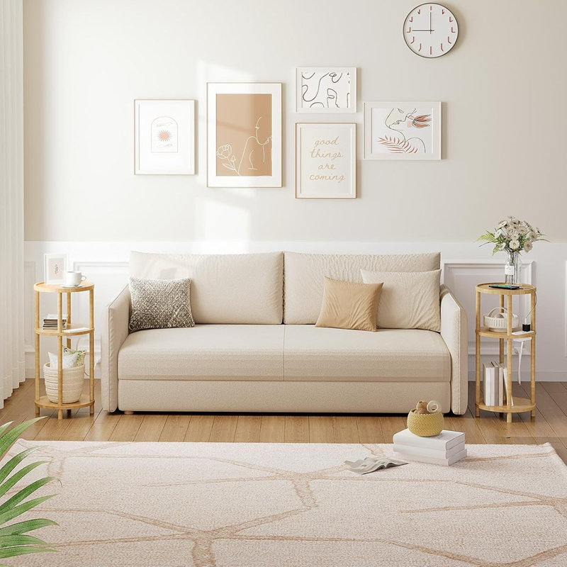Petite table d'appoint ronde avec station de charge, table de bout ronde en bambou à 3 niveaux, table de chevet compacte pour petit espace, assemblage facile, pour salon, chambre à coucher, appartement, naturel YL152UBZ01
