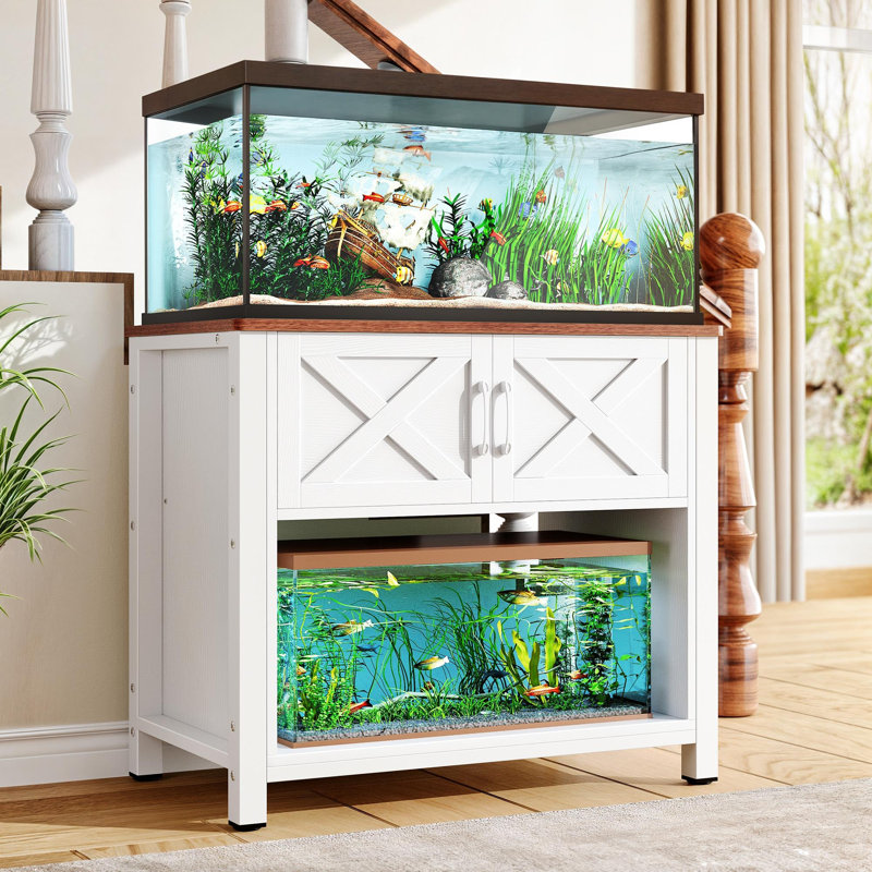 White Heavy Duty Metal Aquarium Stand with Storage Cabinet and LED Light