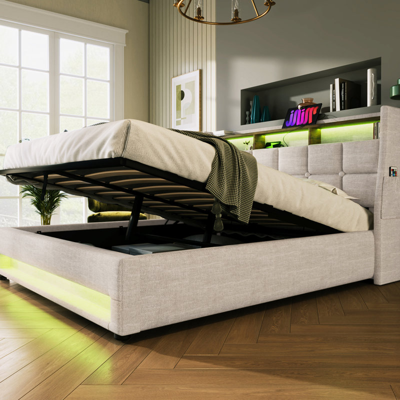 Lit de taille naturelle avec éclairage DEL et rangement, Naturel, Lit double