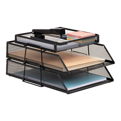 2 Tier Paper Tray with Top Supply Compartment, Desktop File Organizer, Metal Mesh