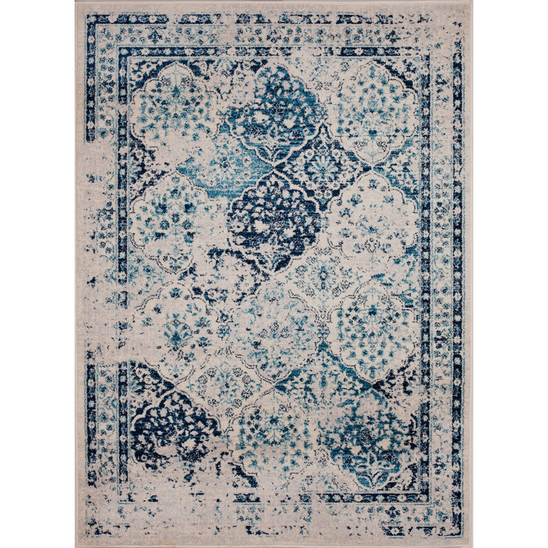 Tapis oriental bleu foncé / crème, Rectangle 3 pi 3 po x 5 pi